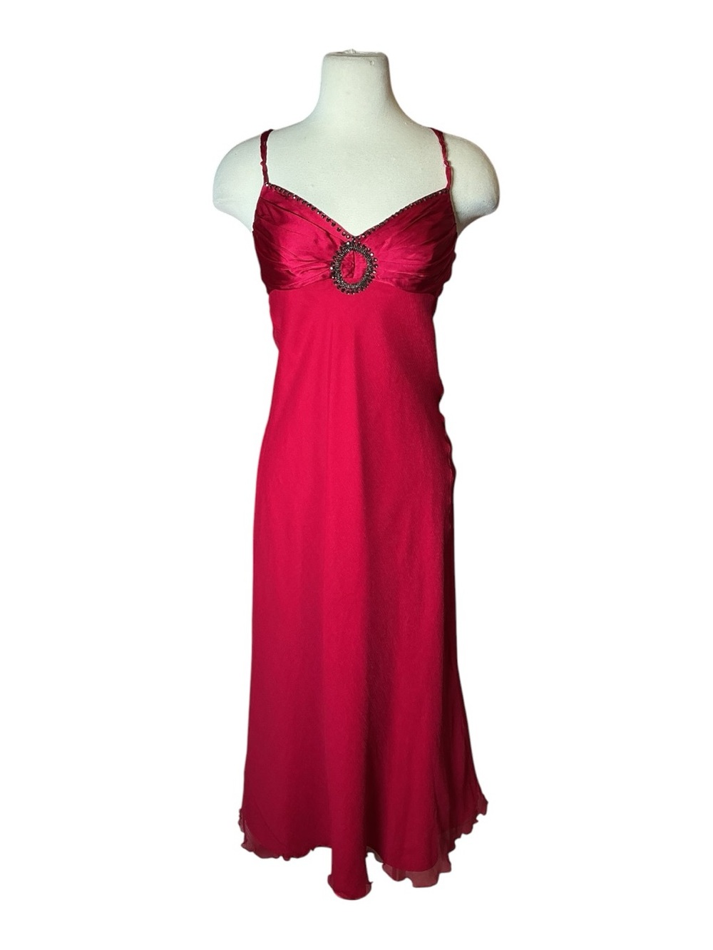 Vintage Y2K Dusk Empire Waist Beaded Rhinestone Cross Back Spaghetti Strap Maxi